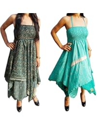 Lot Of 2 Renee Womens Sundress Handkerchief Hem Recycled Sari Beach Summer Halter Dresses