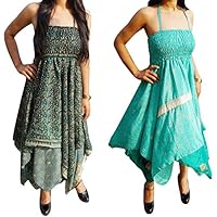 Lot Of 2 Renee Womens Sundress Handkerchief Hem Recycled Sari Beach Summer Halter Dresses