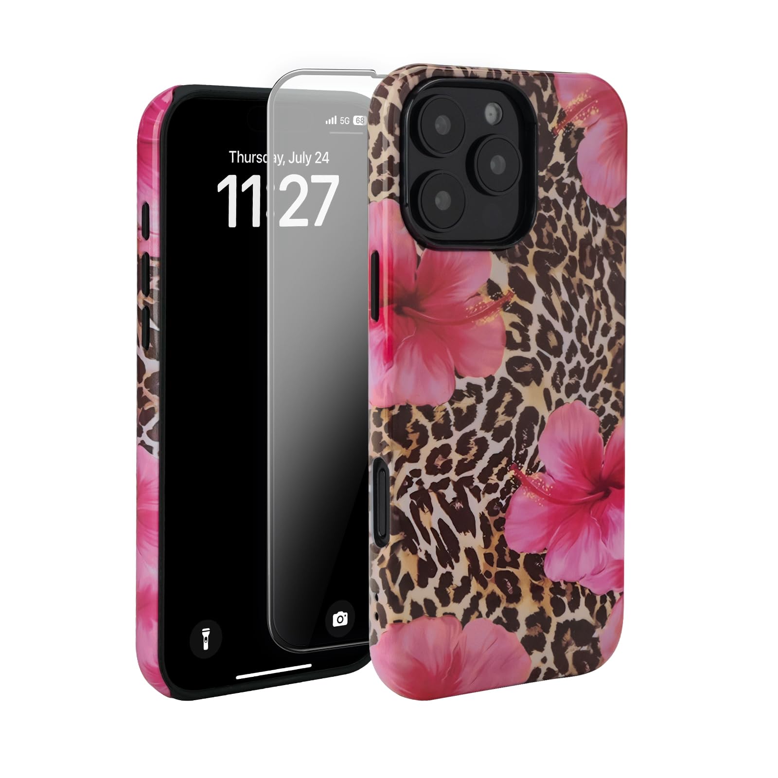 Vamlo Compatible with iPhone 14 Pro Case, Cute Leopard Pink Hibiscus Tropical Floral Pattern Phone Case with HD Screen Protector Silicone Shockproof Protective Phone Cover for Women Girls