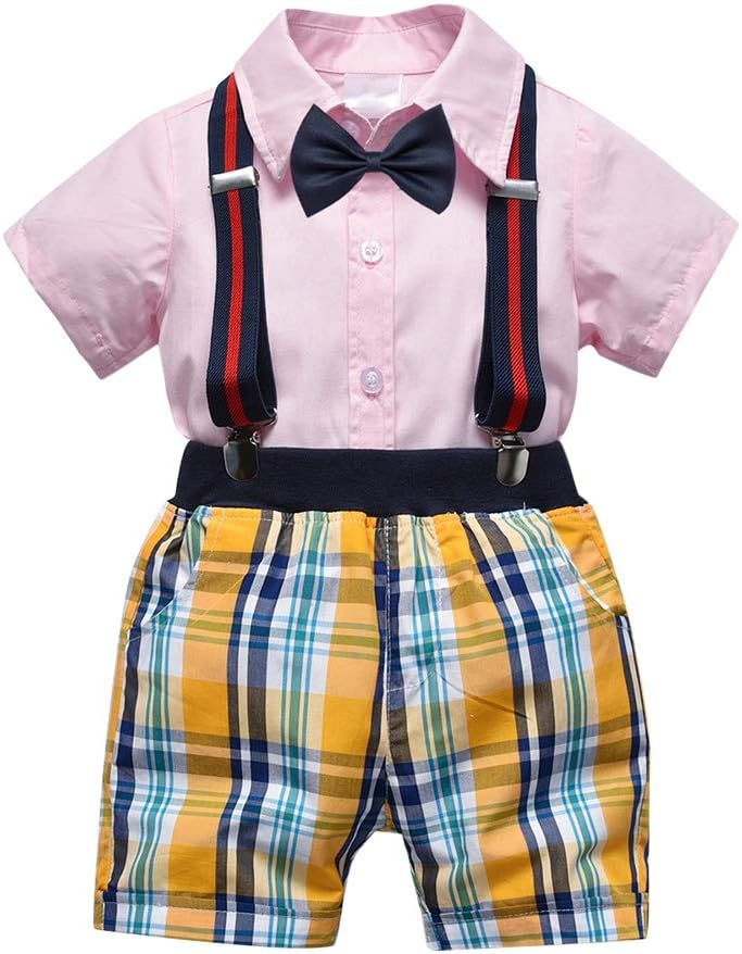 Formal Party Gentleman Clothes Set Summer Baby Boys Tops Shirt with Bowknot+Suspender Short Pants Kid Outfit for Age 1-6 Years Old