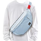 Large Crossbody Fanny Pack for Women Men,Waterproof Waist Bag Pack with Adjustable Strap & 5-Zipper Pockets,Light Blue