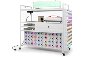 SEPTBOT Craft Organization & Storage Compatible with Cricut Machines, Rolling Organizer with Power Outlet, Large Drawer & 54 Vinyl Roll Holder, Craft Cart Cabinet Table Workstation