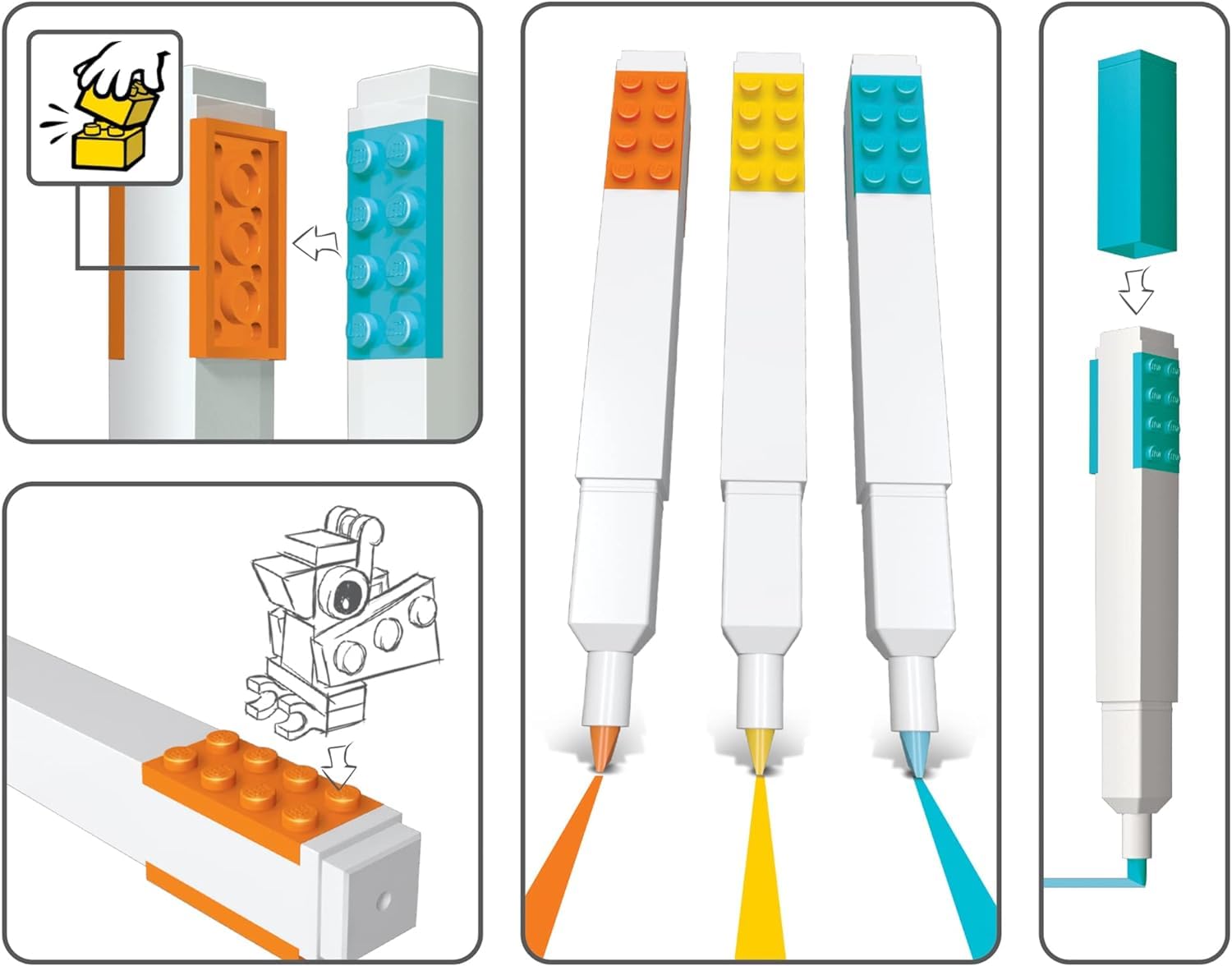 IQ LEGO Stationery 3 Pack Highlighter Markers with 4x2 Building Bricks - Yellow, Orange, Blue (51685)