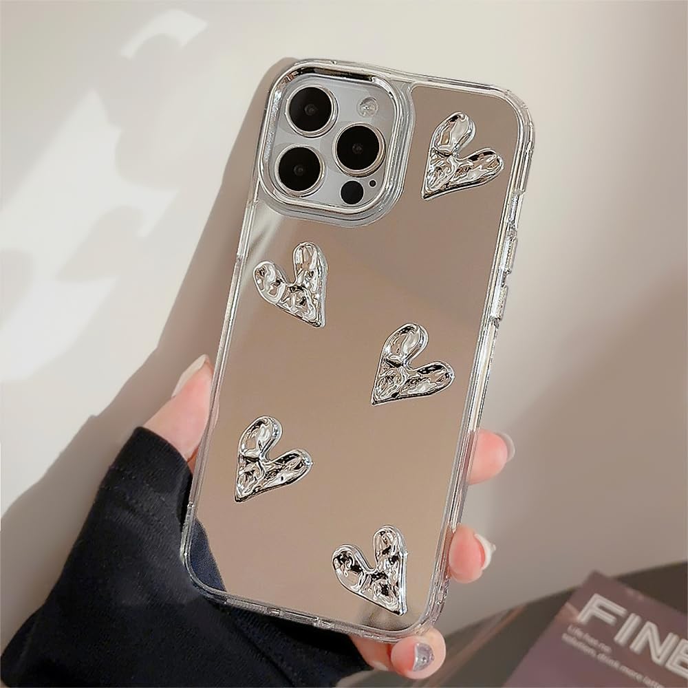 ZTOFERA Case for iPhone 15, Cute Silver 3D Love Heart Clear Makeup Mirror Case, Flexible Shockproof Anti-Scratch Protective Cover for iPhone 15 6.1"- 5 Hearts — image 1
