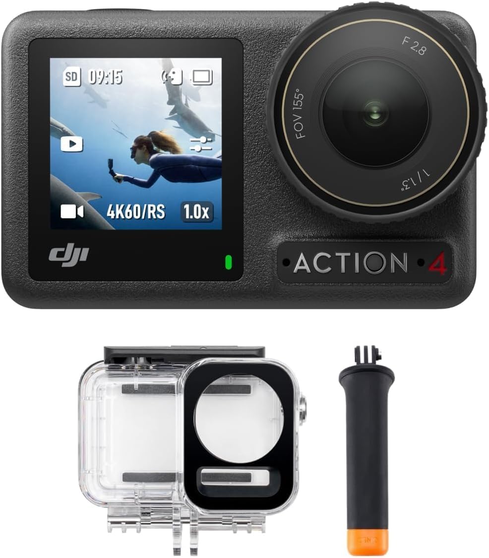 DJI Osmo Action 4 Tauch-Combo – wasserdichte Action-Kamera, Unterwasser-Video, Schwimmfähiger Griff und 60 m wasserfestes Gehäuse, 10-Bit und D-Log M, 1/1,3-Zoll-Sensor, Vlogging-Kamera