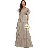 homdor Tiered Ruffles Bridesmaid Dresses for Women 2026 V Neck Chiffon Formal Evening Dresses with Sleeves