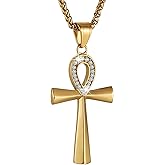 HZMAN Men's Stainless Steel Coptic Ankh Cross Religious Pendant Necklace, 22+2" Rope Chain