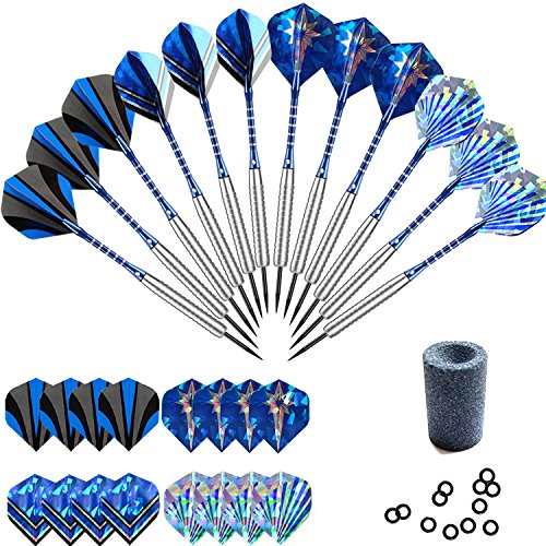 Professional Steel Tip Darts Set 22 grams -12 Pcs Stainless Needle Tipped Dart For Dart Board, Blue Aluminum Shafts,16 holographic Standard Flights, Nickel Silver Metal Barrels and Dart Sharpener