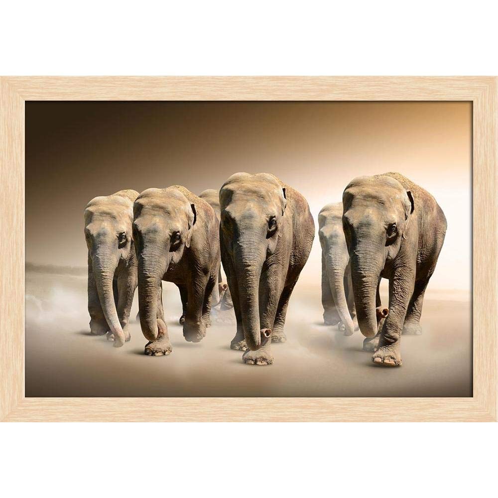 ArtzFolio Herd of Elephants Canvas Painting Natural Brown Synthetic