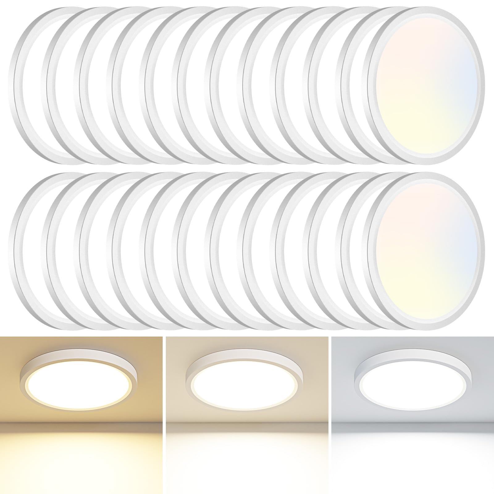 24PACK LED Flush Mount Ceiling Light Fixture, 3000K-4000K-6500K & 100W Equivalent Modern Kitchen Recessed Ceiling Lamp 15W 1500Lm 7.5 Inch Closet Round Surface for Bathroom Laundry Bedroom Hallway