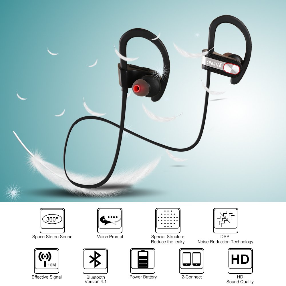Sunvito auricolari Wireless Bluetooth,impermeabili, auricolari In-ear wireless per sport, cuffie stereo con microfono, tecnologia di cancellazione del rumore, perfette per correre, custodia inclusa