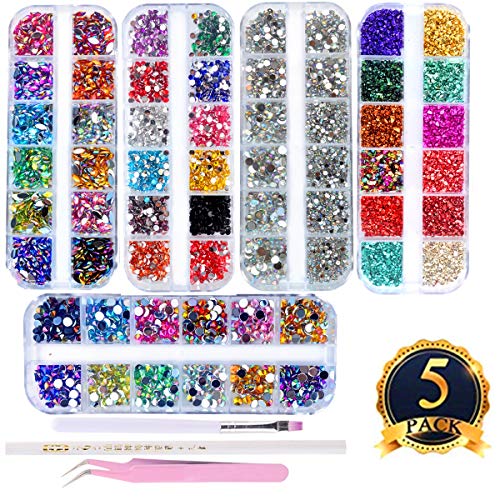 editTime 5000 Pieces (5 Boxes) Shiny Colorful Nail Art Rhinestones Nail Stone Gems Design Kit with a Curved Tweezers Rhinestone Picker and a Nail Art Brush (multicolor)