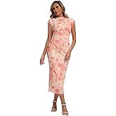Women's Mock Neck Ruched Floral Mesh Bodycon Maxi Dress Cap Sleeve Tight Fitted Curvy Cocktail Club Party Dresses