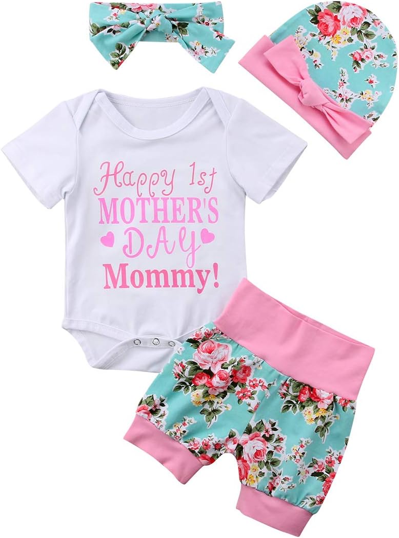 4Pcs Happy 1st Mother's Day Infant Girls T-Shirt Romper Floral Shorts Caps Headband Summer Outfits