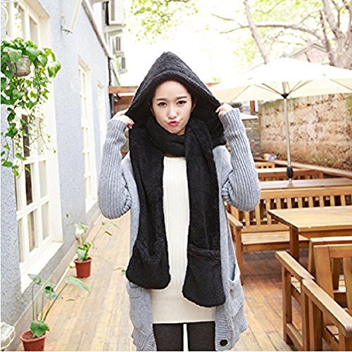 VeewonÂ® Winter Warm Women Hoodie Gloves Pocket Earflap Hat Long Scarf Shawl Snood Wraps (Black)