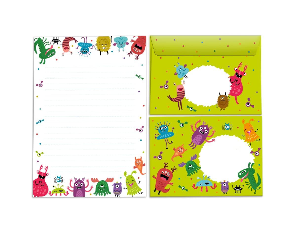 Letter Pad with Envelope for Kids Funny Monster Stationery Set (A5 Pad with 25 Sheets + 15 Envelopes)