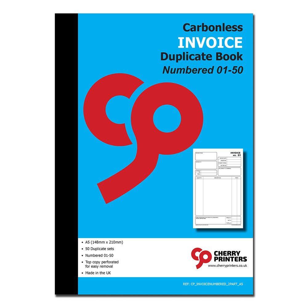 Cherry NCR Invoice Duplicate Book, A5, 50 Sets, Numbered 01-50