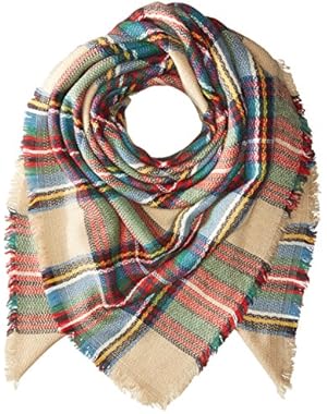 Buttons and Pleats Women Plaid Blanket Shawl Scarf for Fashion Wear & Winter