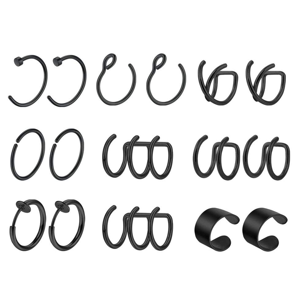 Mayhoop 8 Pairs Ear Cuff Fake Piercings Stainless Steel Black Non-Piercing Fake Lip Nose Helix Cartilage Ring Hoop Cuff Earring Clip-on for Women Men No Pierced Body Jewelry