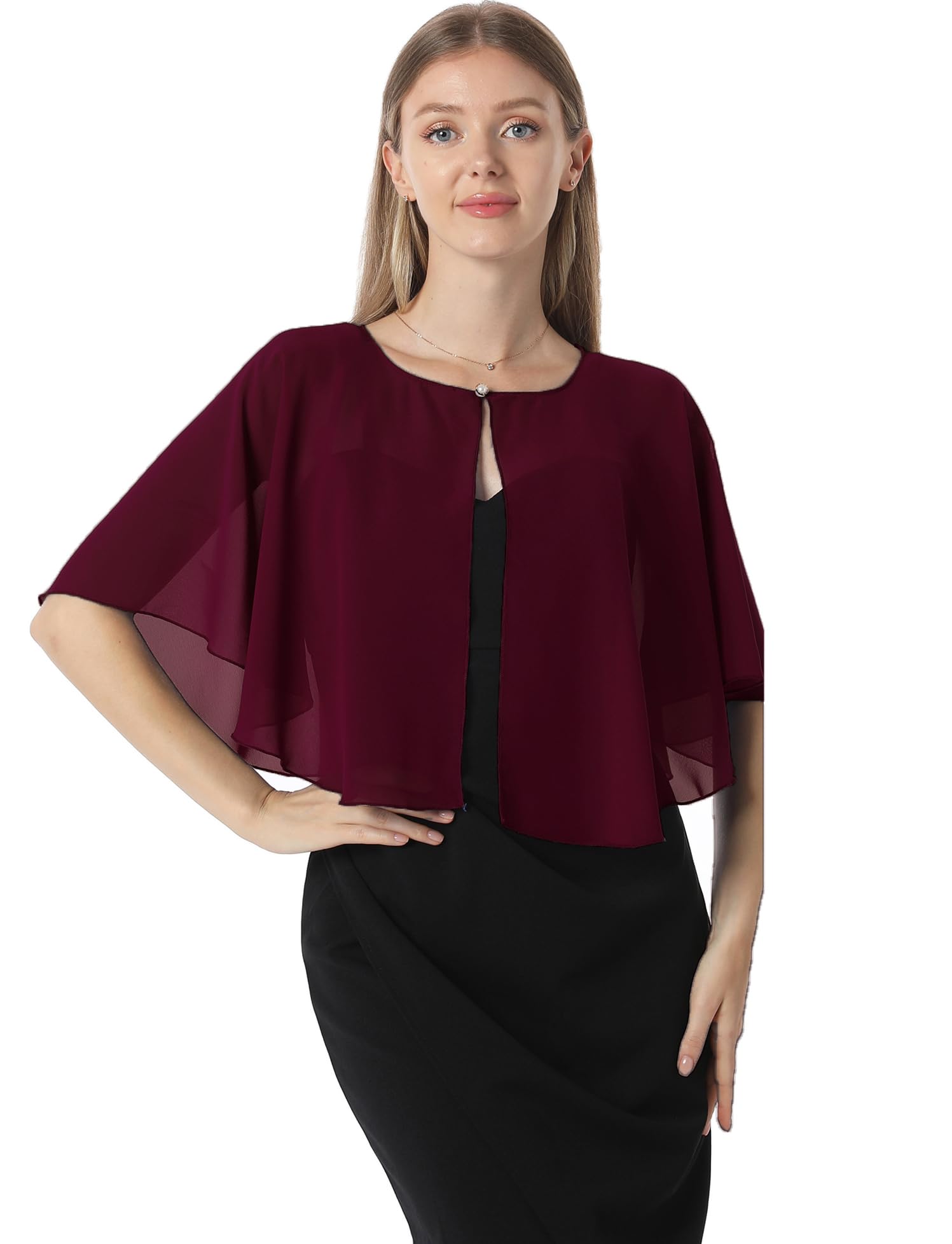 Photo 1 of Chiffon Capelet Women's Soft capes Shawls and Wraps for Evening Dress Wedding Cape Cover Up (Burgundy)