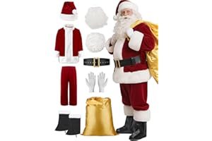AOSUYOU Men's Santa Claus Costume 9PCS Santa Costume Deluxe Set - Adult Christmas Santa Suit Outfit