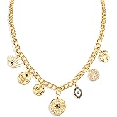 Sroozior Evil Eye Luck Amulet Coin Charm Chunky Necklace Dainty Paperclip Chain Gold Plated Protection Necklace Free People Jewelry for Women Celestial Jewelry Gift