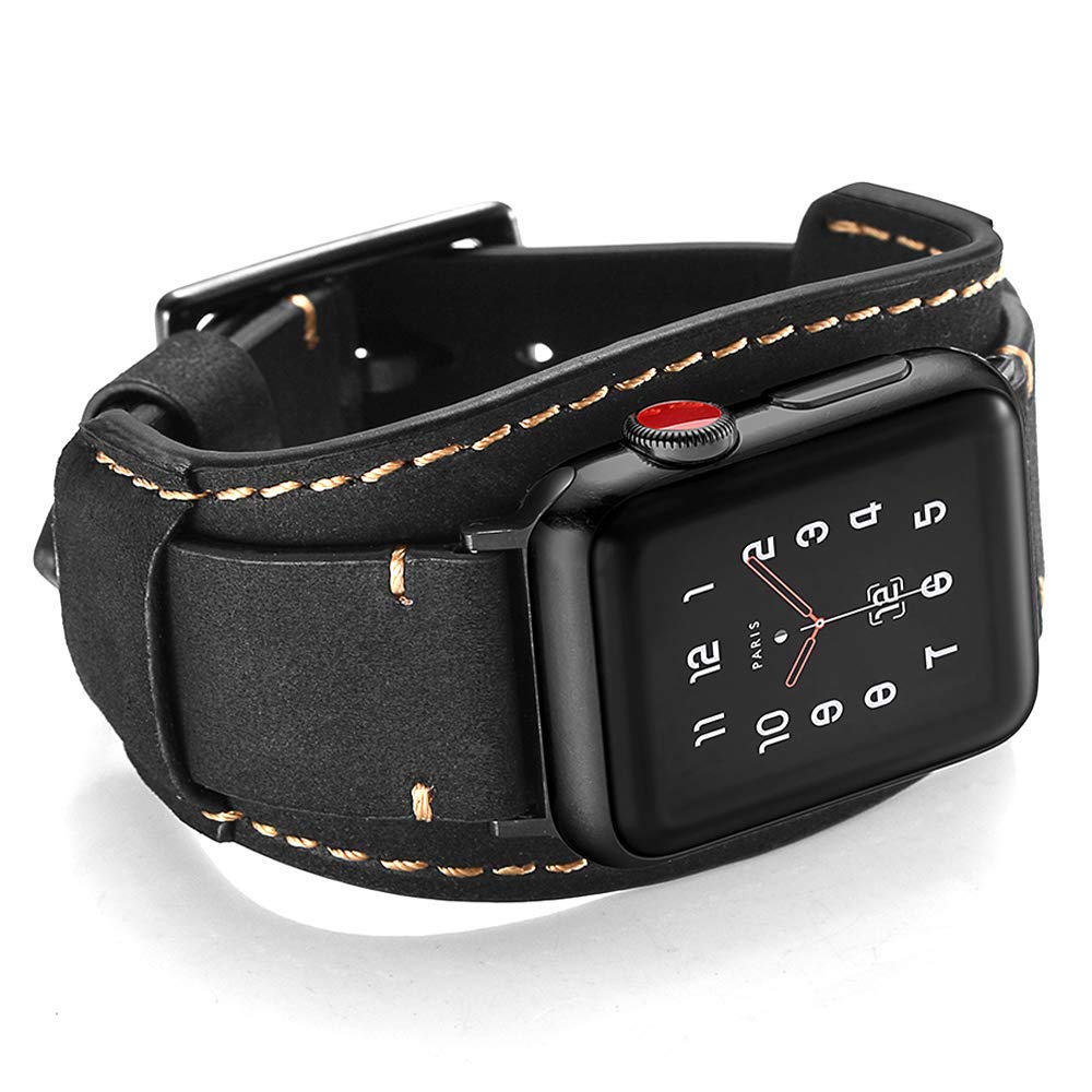 Leotop Compatible with Apple Watch Strap 42mm(Series 10) 41mm 40mm 38mm,Genuine Leather Band Cuff Bracelet with Stainless Steel Buckle Compatible iWatch Series 10/9/8/7/6/5/4/3/2/1 SE SE 2 (Black)