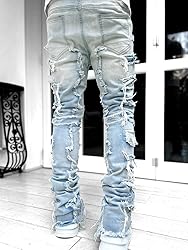 Kodaruber Mens Stacked Jeans Slim Fit Ripped Skinny