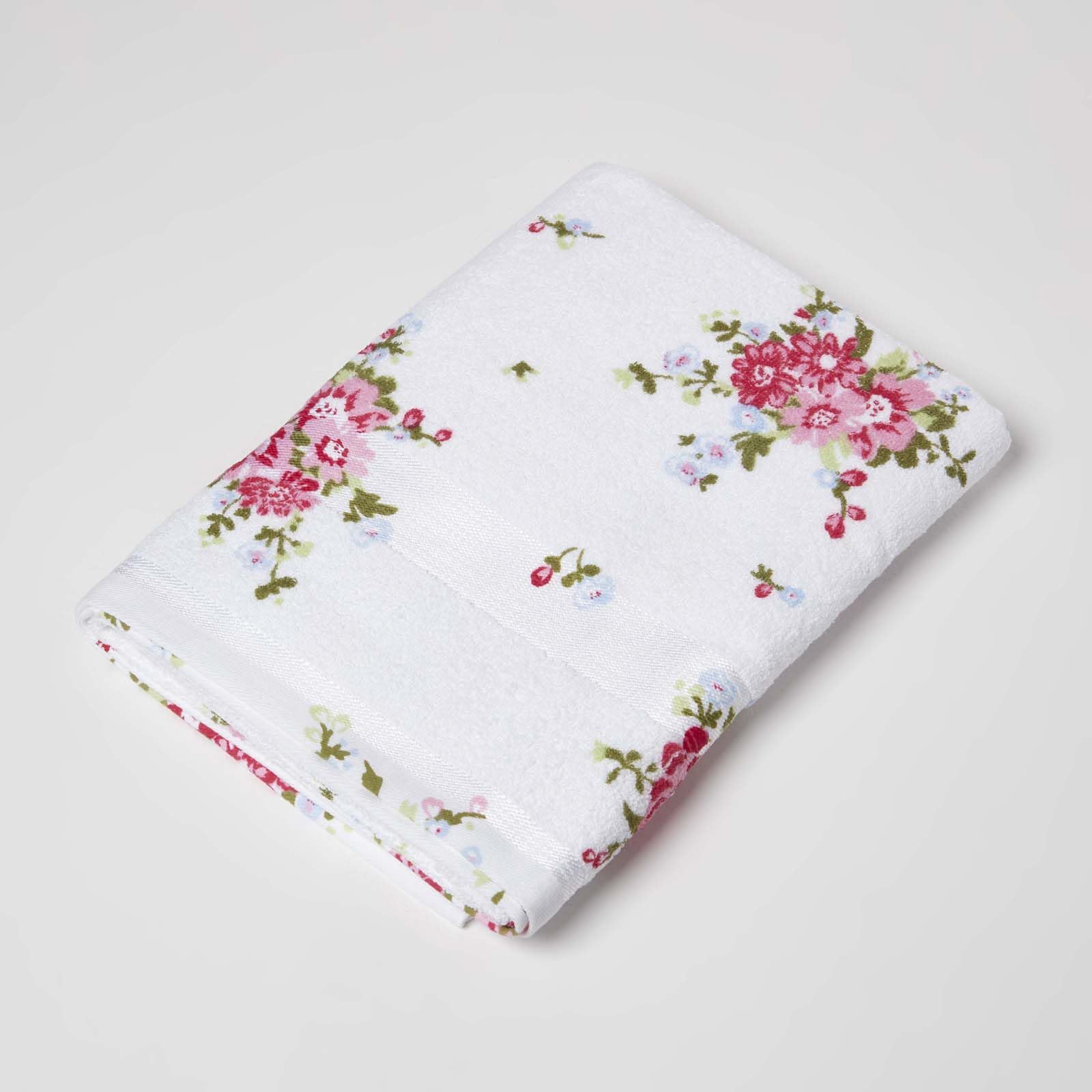 HOMESCAPES 100% Portuguese Cotton White Floral Bath Towel Pink, Green and Pastel Blue Design