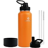 honogo 40 oz Double Wall Insulated Metal Water Bottle for Men, Women & Kids, 18/8 Stainless Steel Wide Mouth Thermal Flask with Straw Lid & Spout Lid, Leak Proof, Keep Hot and Cold (Orange, 40 oz)