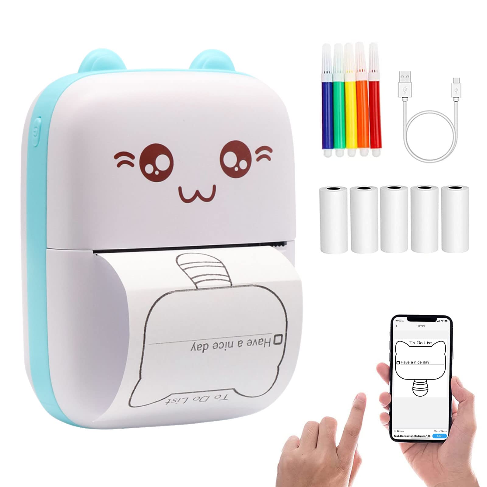 DIFCUL C9 Mini Thermal Printer,Bluetooth Labler Maker,Portable Inkless Printers Compatible with Android and ios,Printable Photos,Lists,Memo,QR Codes,Notes(With 5 Roll Paper+5 Colored Pens)