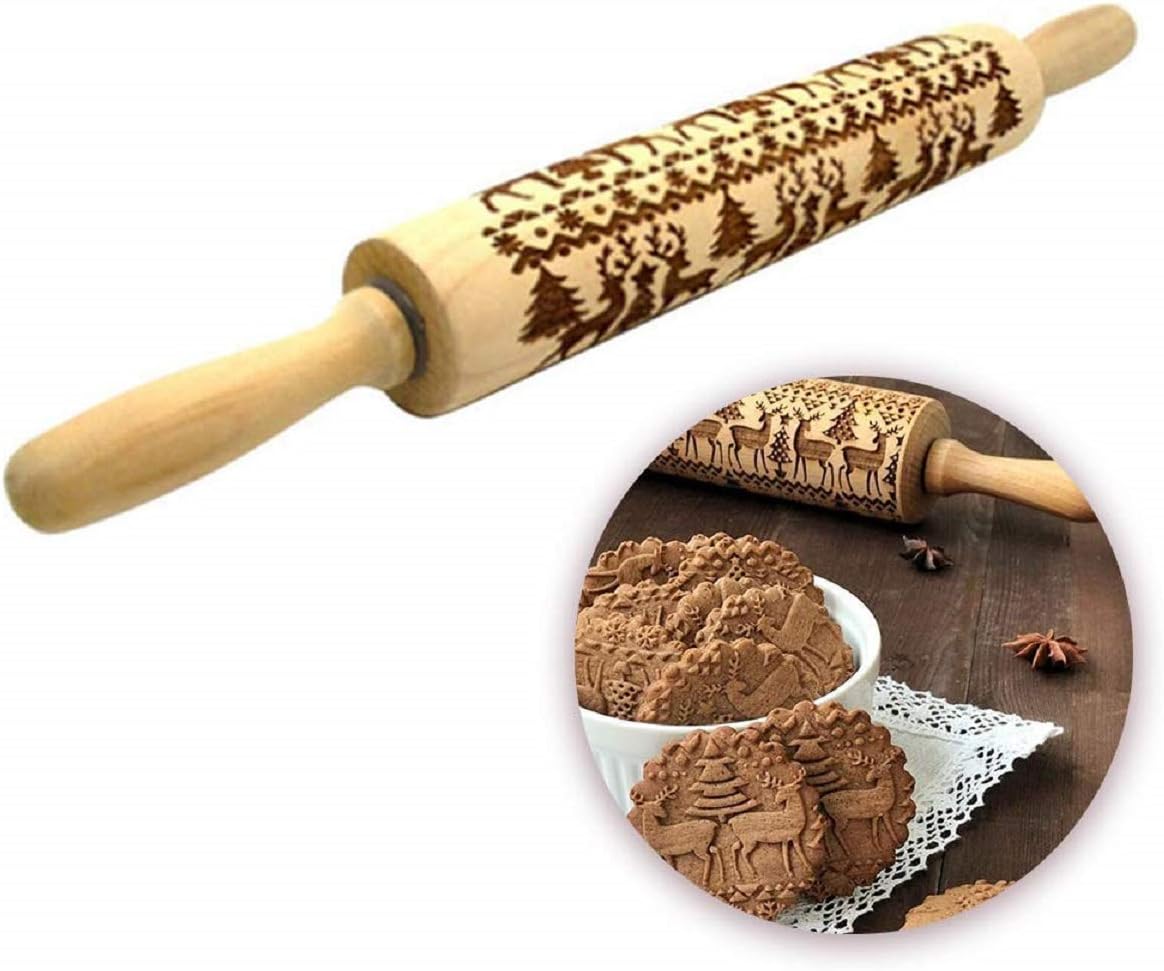 Christmas Wooden Rolling Pins, Christmas Engraved Roller Reindeer Snowflake Embossing Rolling Pin for Cookies Noodle Biscuit Fondant Cake (Wood, 13.4")