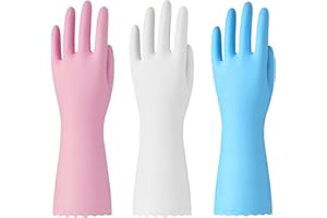 Bamllum Rubber Cleaning Gloves - 3 Pairs Latex Free Kitchen Cleaning Gloves with Cotton Liner- Household Dishwashing Gloves, Non- Slip Waterproof (Medium, Blue+Pink+White)