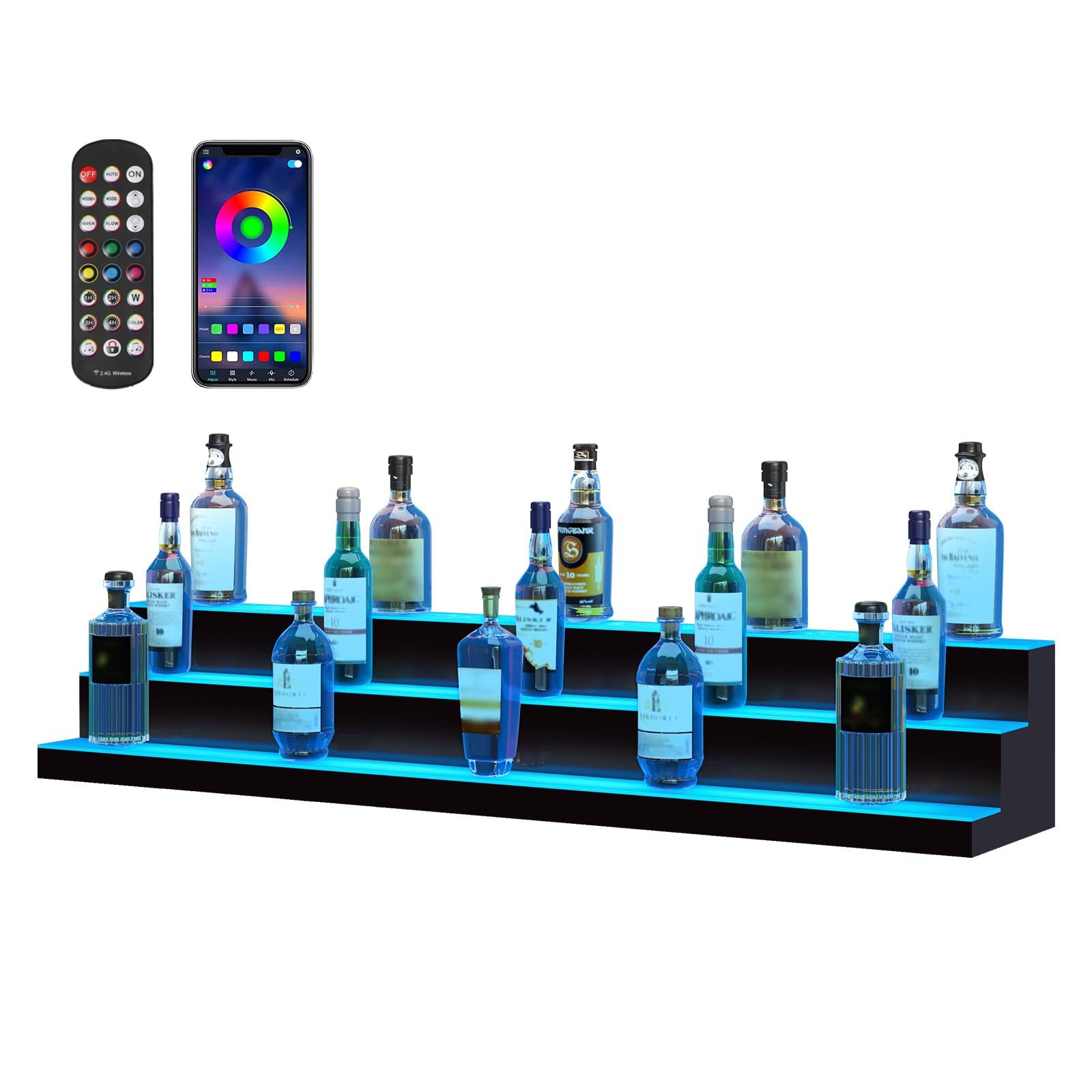 Photo 1 of VEVOR LED Lighted Liquor Bottle Display Shelf, 3 Tiers 60 Inches, Supports USB, Illuminated Home Bar Shelf with RF Remote & App Control 7 Static Colors 1-4 H Timing, Acrylic Light Shelf