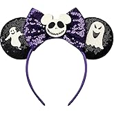Halloween Headband Mouse Ear Bow Hair Bands Black and Purple Sequin Halloween Headwear White Horror Ghost Design Hair Hoop Princess Head Boppers for Adult Halloween Party Hair Decoration 1 Pack