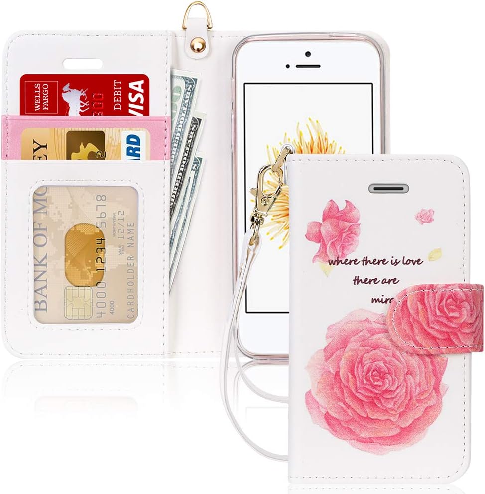 FYY Case for iPhone 5/5s/SE (1st gen-2016), [Kickstand Feature] Luxury PU Leather Flip Wallet Phone Case Folio Cover with [Card Holder][Wrist Strap] for iPhone 5/5s/SE (1st gen-2016) Flower