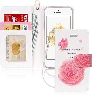 FYY Case for iPhone 5/5s/SE (1st gen-2016), [Kickstand Feature] Luxury PU Leather Flip Wallet Phone Case Folio Cover with [Card Holder][Wrist Strap] for iPhone 5/5s/SE (1st gen-2016) Flower