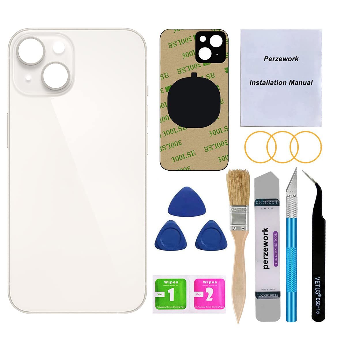 Photo 1 of Perzework OEM Back Glass Replacement for iPhone 14 6.1 inches with Reparing Toolkit and Pre-Installed Adhesive (Starlight)