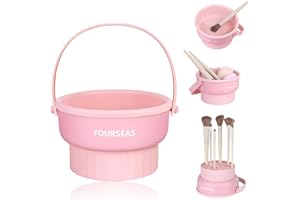 FourSeas 3-in-1 Makeup Brush Cleaner, Mutifunction Silicone Makeup Brush Cleaning Mat Bowl, Cosmetic Brushes Holder Cleaning Tool Organizer for Storage & Air Drying(Pink)