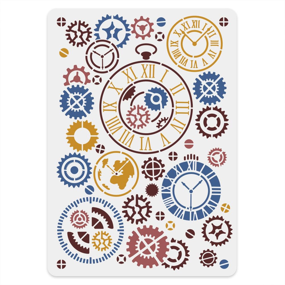 FINGERINSPIRE Vintage Clock Stencil for Painting 21x29.7cm Reusable Gear Clock Painting Stencil Steampunk Gears Template Art Gear Chronograph Plastic Stencil for Painting on Wood Wall Furniture