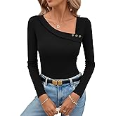 LOLONG Womens Long Sleeve Shirts Fall 2025 Asymmetrical Neck Slim Fitted Tee Tops