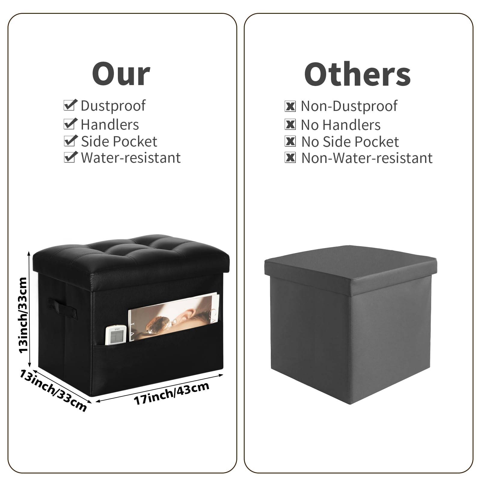 BelugaHelper Storage Ottoman Foot Rest Stool with Thicker Foam Padded Seat. Foldable Leather Footstool Bench. Small Ottoman with Storage for Living Room Bedroom Coffee Table 350 lbs, 17x13x13in, Black - Image 9