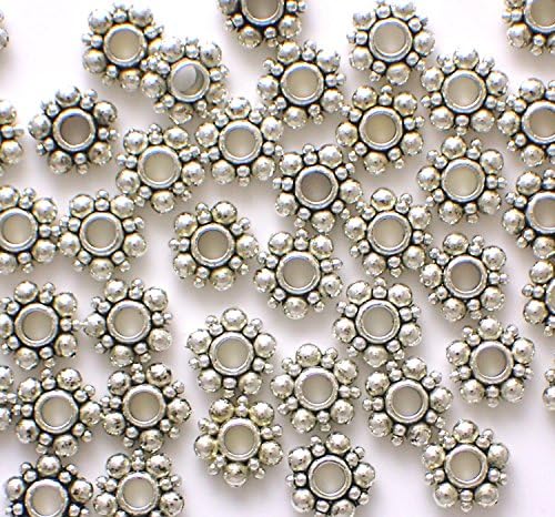 100 Piece 6mm Tibetan Daisy Flower-Shaped Bali-Style Spacer Beads Silver-Alloy Metal Jewelry Findings for DIY Jewelry Making, Charms, Crafts