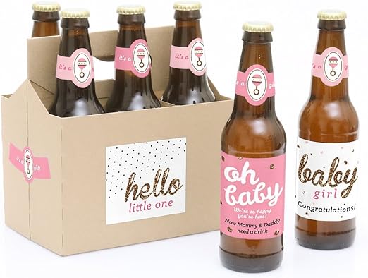 Amazon Com Hello Little One Rosa Y Dorado 6 Cerveza Etiquetas De Botellas De Girl Baby Shower Con 1 Cerveza Carrier Kitchen Dining