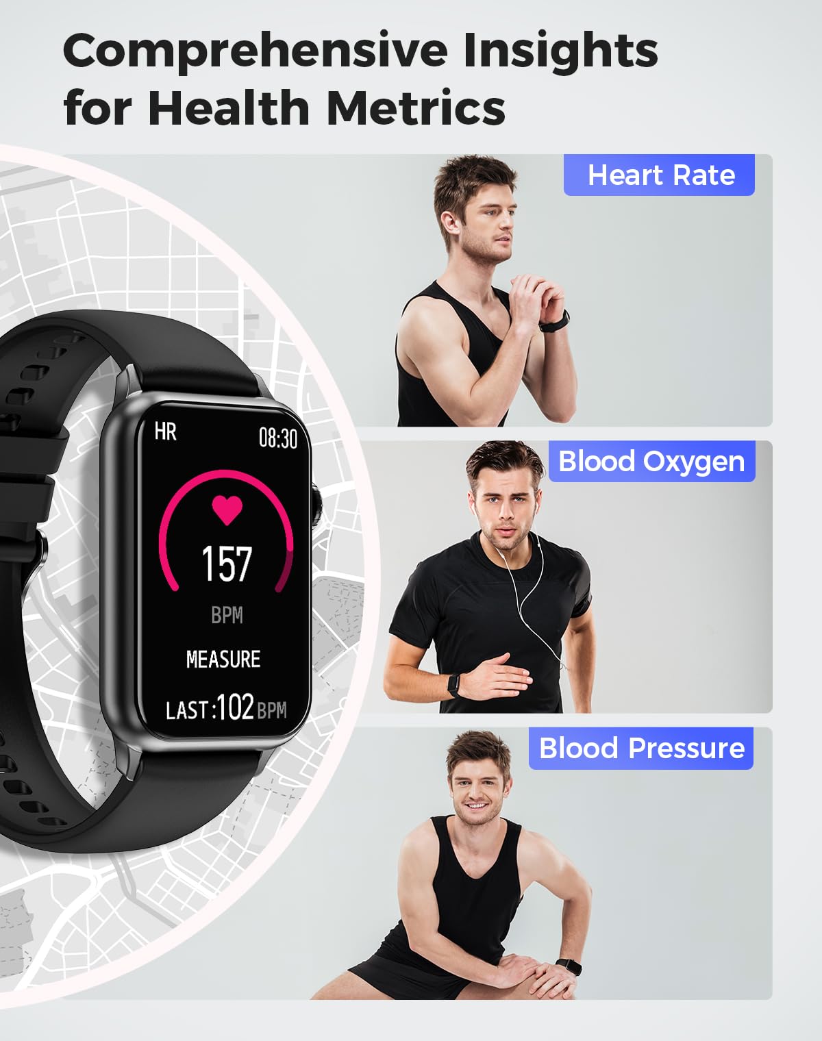 Health Fitness Tracker Smart Watch with 24/7 Heart Rate Blood Oxygen Blood Pressure Monitor Sleep Tracker 128 Exercise Modes Step Calorie Counter Pedometer IP68 Waterproof for Women Men Android iOS - Image 2