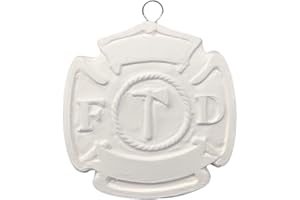 CERAMICS IN MONTANA Fire Fighter Shield Christmas Ornament, Ready to Paint Ceramic Bisque - Handmade in The USA