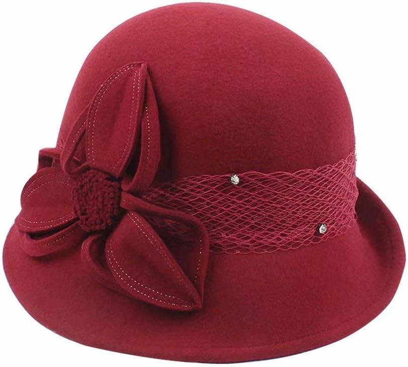 WCOLAS Womens Wool Winter Hat Cloche Bucket Fedora Gatsby Hat with Net and Flower, Vintage Retro 20s 40s British Style for Wedding Church Tea Party