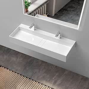 Weibath 47 Inch Wall-Mount Double Sink Stone Resin Trough Bathroom Sink ...