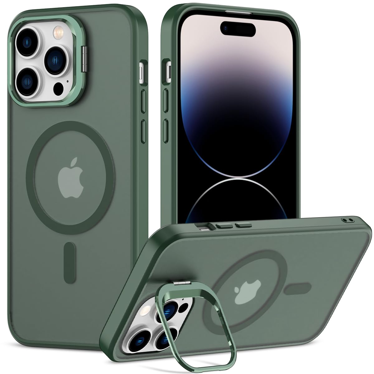 Nvollnoe for iPhone 14 Pro Max Case Compatible with MagSafe Military Grade Shockproof Heavy Duty Protective Adjustable Kickstand Matte Semi Clear Phone Case for iPhone 14 Pro Max(Dark Green)