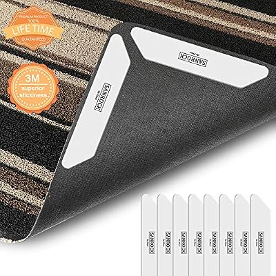 SANROCK Anti Curling Rug Grippers 1/8" Thick - Non Slip Rug Pads 8 pcs for Hardwood Floors and Tile Floors - Renewable Adhesive No Harm to Carpets and Floors